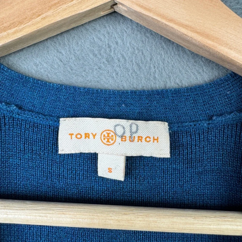 Tory Burch Walda Scarab Blue 100%‎ Merino Wool Cardigan Sweater Beetle Buttons S